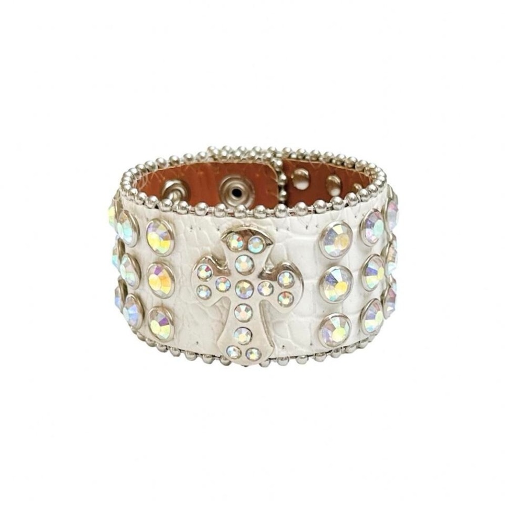 white rhinestone cross cuff bracelet snap closure grunge goth emo punk studded